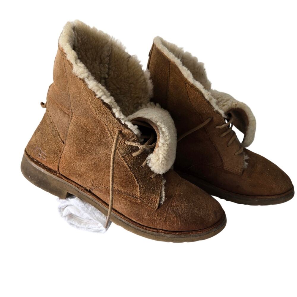 UGG Quincy Brown Suede Lace Up Ankle Combat Boots Shearling Lined Fold Down W7.5